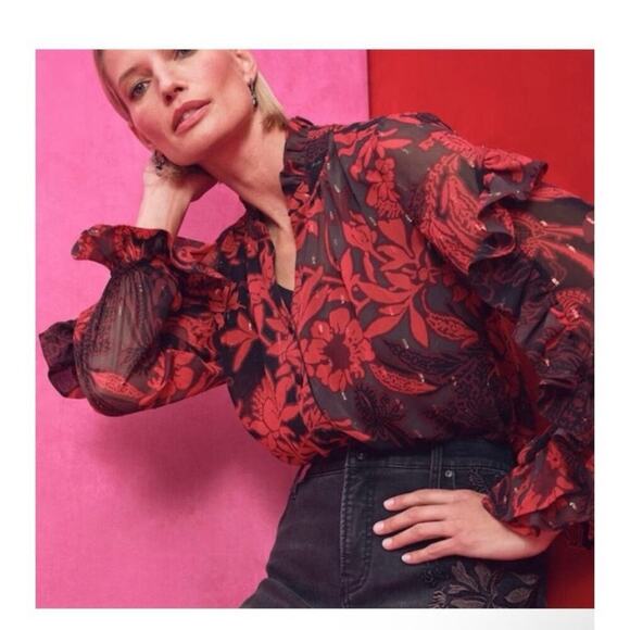 CHICO’S Sheer Floral Ruffle Button Down Chiffon Blouse Size 18 (3.5) Whimsigoth - Picture 1 of 12